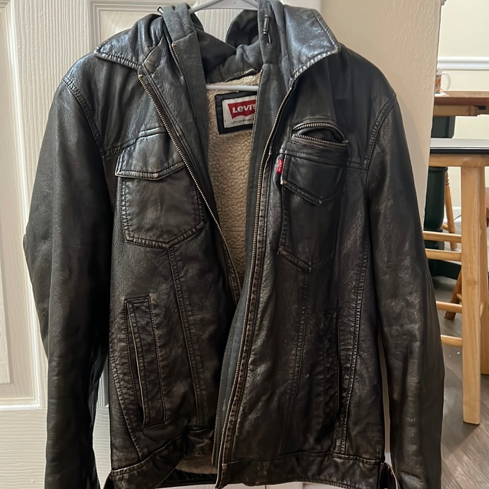 Levi leather jacket hoodie with wool inside